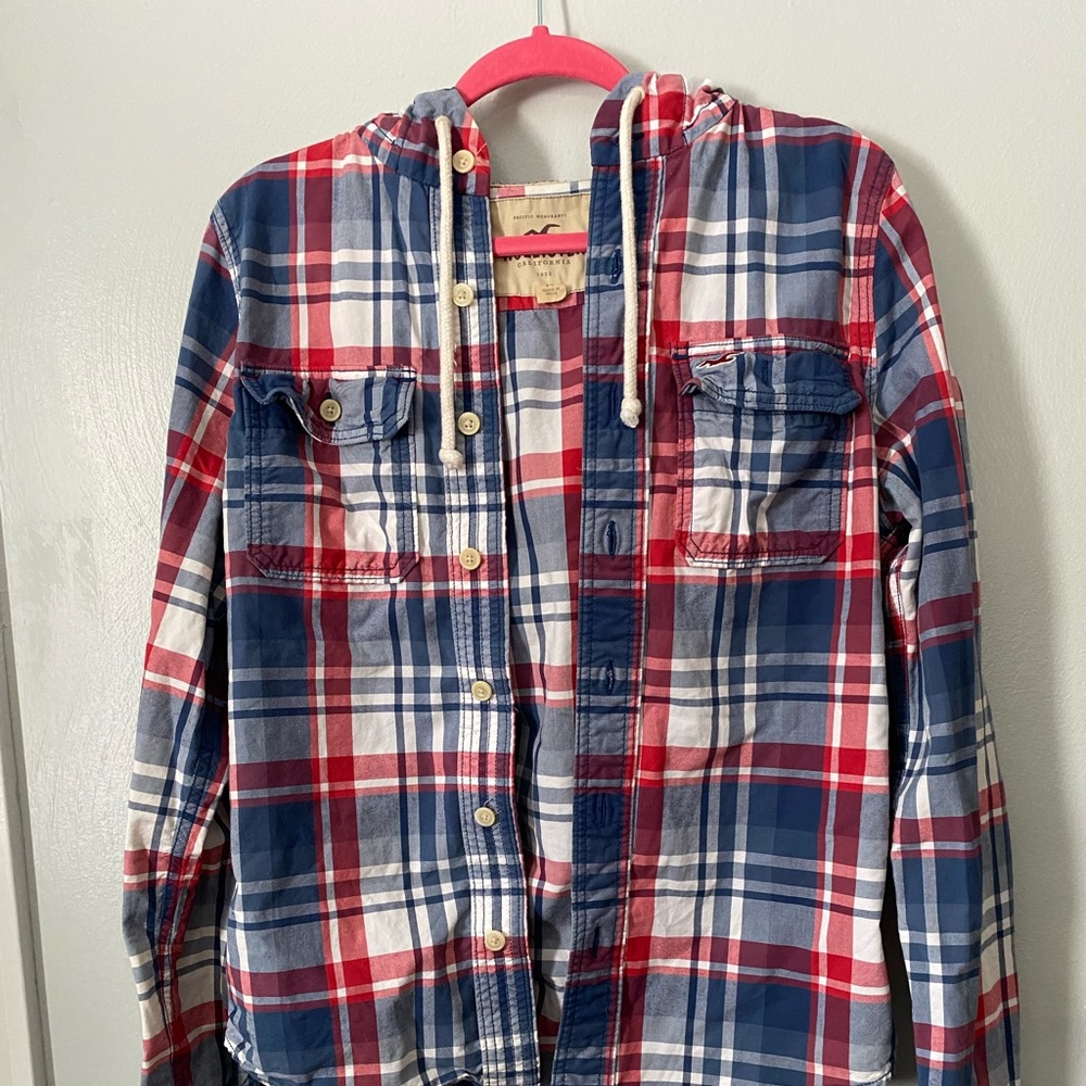 Red, White, and Blue Plaid Hollister Button Up Jacket